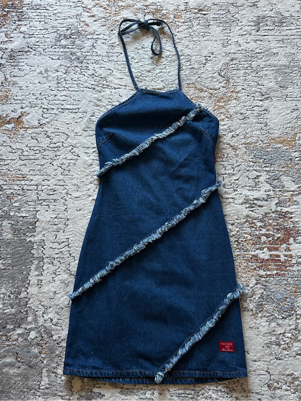 Hot Kiss Denim Halter Mini Dress with Frayed Trim - Dark Blue